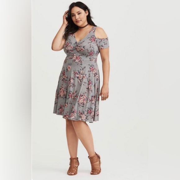 torrid Dresses & Skirts - Grey Floral Jersey Cold Shoulder Mini Dress size 3